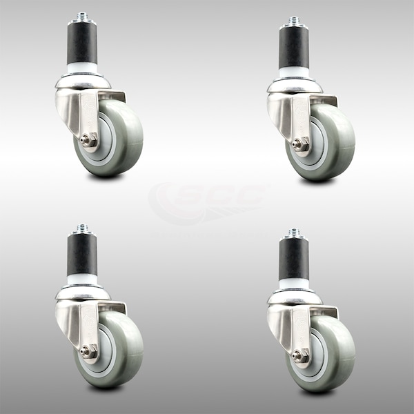 3 Inch 316SS Gray Polyurethane Swivel 1-1/2 Inch Expanding Stem Caster Set SCC